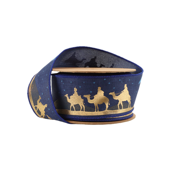 2 1/2" Faux Linen Wired Ribbon | Blue w/ Gold Print Three Wise Men | 10 Yard Roll