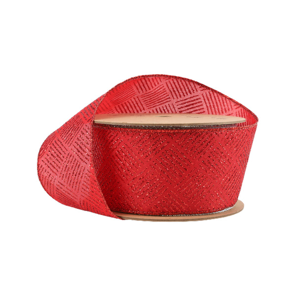 2 1/2" Wired Ribbon | Metallic Fine Plaid on Red | 10 Yard Roll