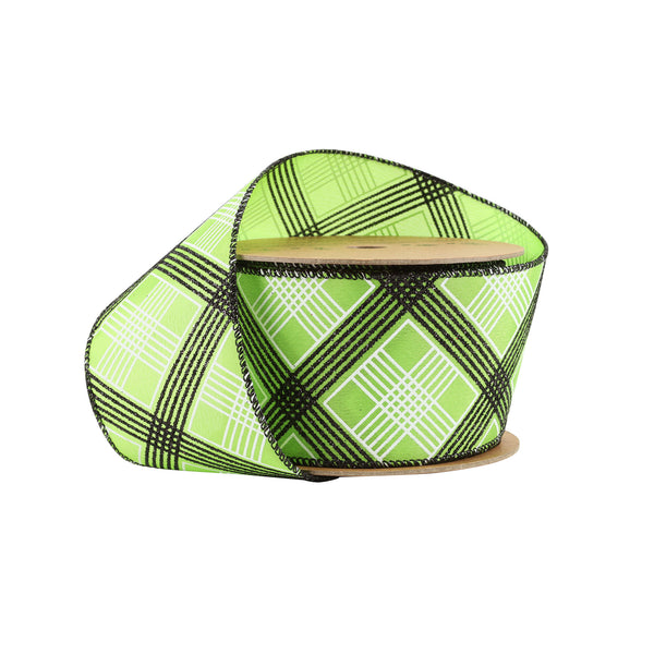 2 1/2" Wired Ribbon | Black/White Bias Plaid on Green | 10 Yard Roll