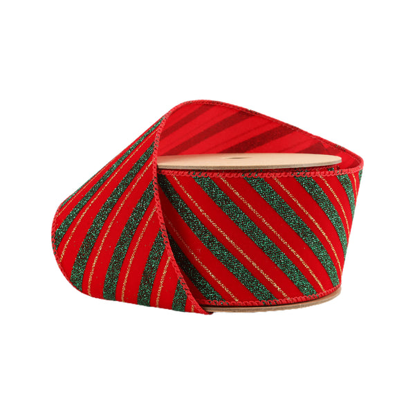 2 1/2" Wired Ribbon | Green Stripe on Red | 10 Yard Roll