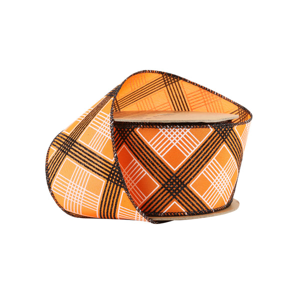 2 1/2" Wired Ribbon | Black/White Bias Plaid on Orange | 10 Yard Roll