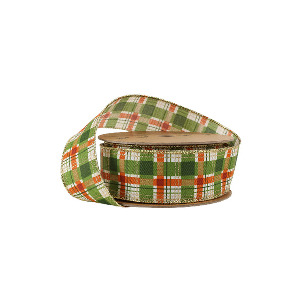 1 1/2" Wired Ribbon | Orange/Green Plaid w Gold Accent | 10 Yard Roll