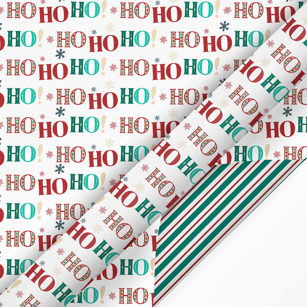 30" x 10’ Holiday Reversible Wrapping Paper | Large HO HO HO/Green, White and Red Diagonal Stripe