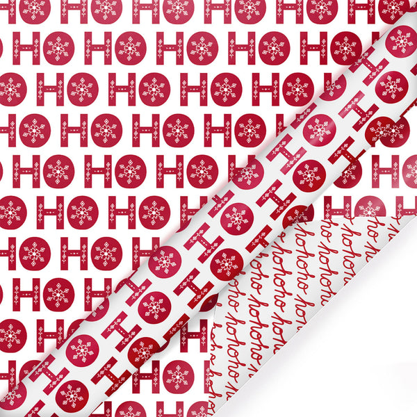 30" x 10’ Holiday Reversible Wrapping Paper | Ho Ho Flake/ Ho Ho Cursive