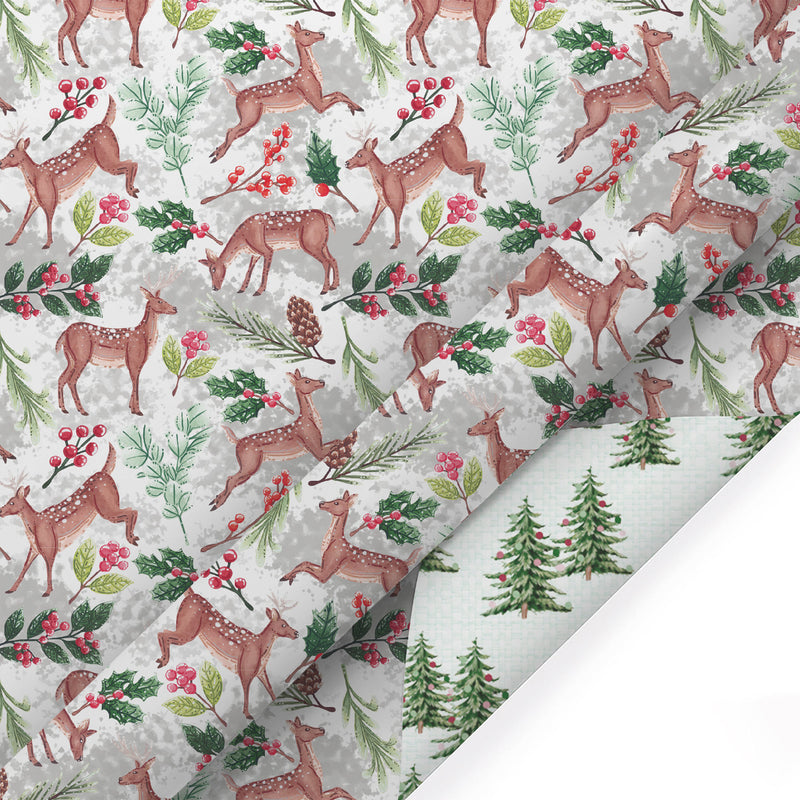 30" x 10' Holiday Reversible Wrapping Paper | Doe Floral/Winter Trees on White