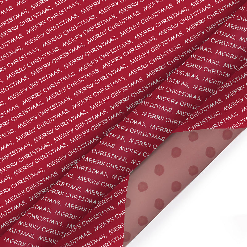 30" x 10' Holiday Reversible Wrapping Paper | Merry Christmas White on Red/Red Watercolor Dots