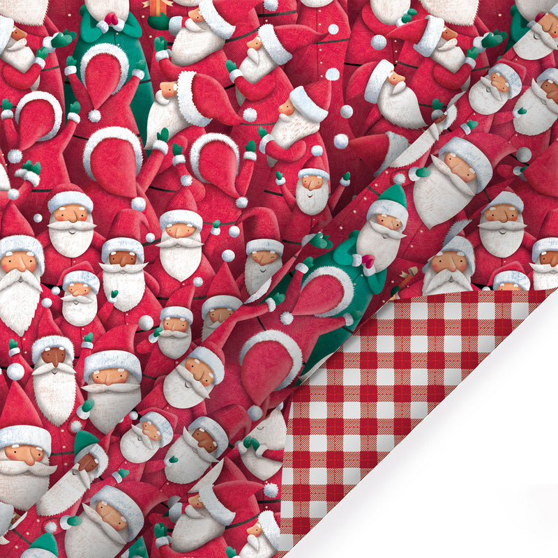 30" x 10' Holiday Reversible Wrapping Paper | Joyful Santa Bunch/Red and White Buffalo Plaid
