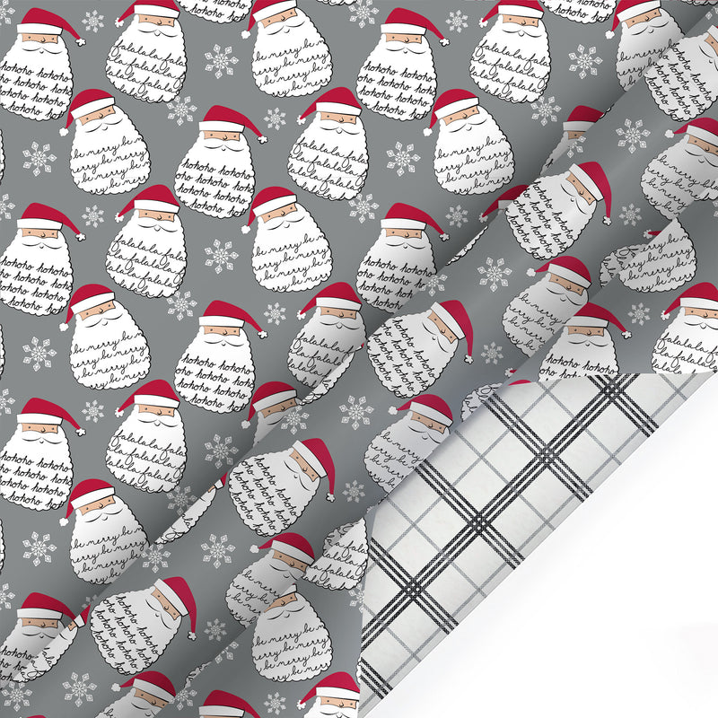 30" x 10' Holiday Reversible Wrapping Paper | Merry Santa Face/Black and White Plaid