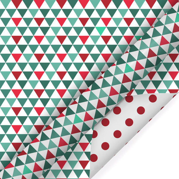 30" x 10’ Holiday Reversible Wrapping Paper | Multi-Colored Triangles/Red Polkadot on White