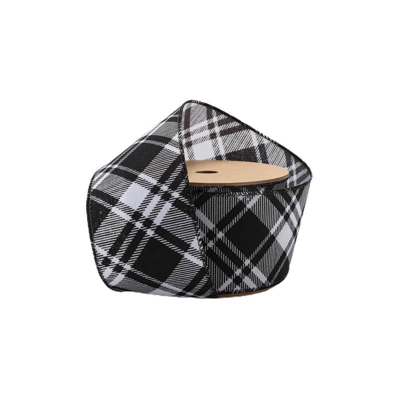 2 1/2" Wired Ribbon | Black White Bias Plaid | 10 Yard Roll