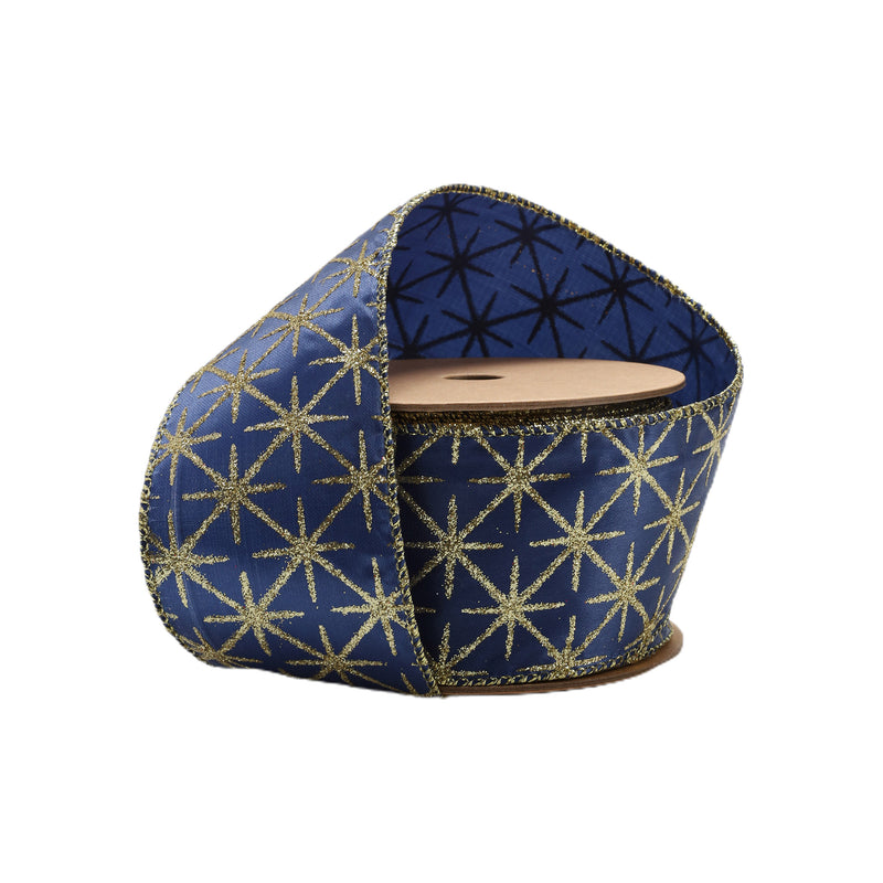 2 1/2" Wired Ribbon | Blue Satin with Gold Stars | 10 Yard Roll