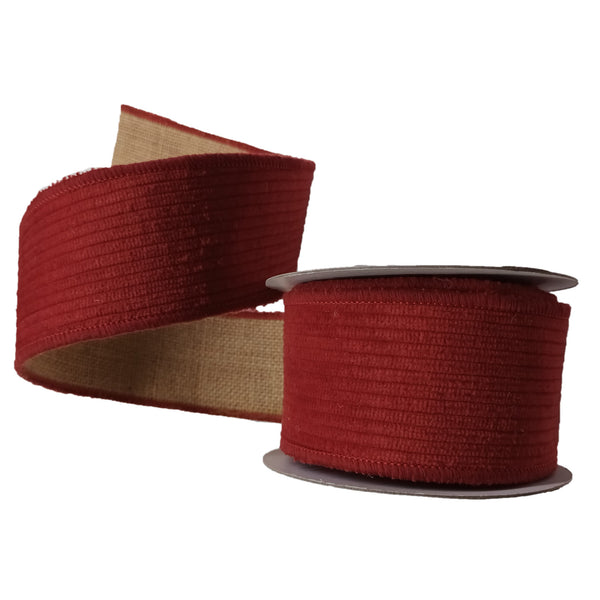 2 1/2" Wired Corduroy Ribbon | Red with Burlap Back | 5 Yard Roll