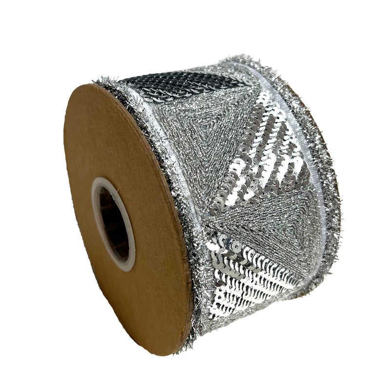 2 1/2" Wired Ribbon | Silver Sequin Trim w/ Dupioni Backing | 5 Yard Roll