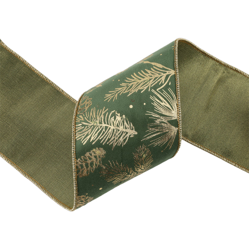 4" Wired Classic Velvet Ribbon | Gold Foil Print on Green | 5 Yard Roll