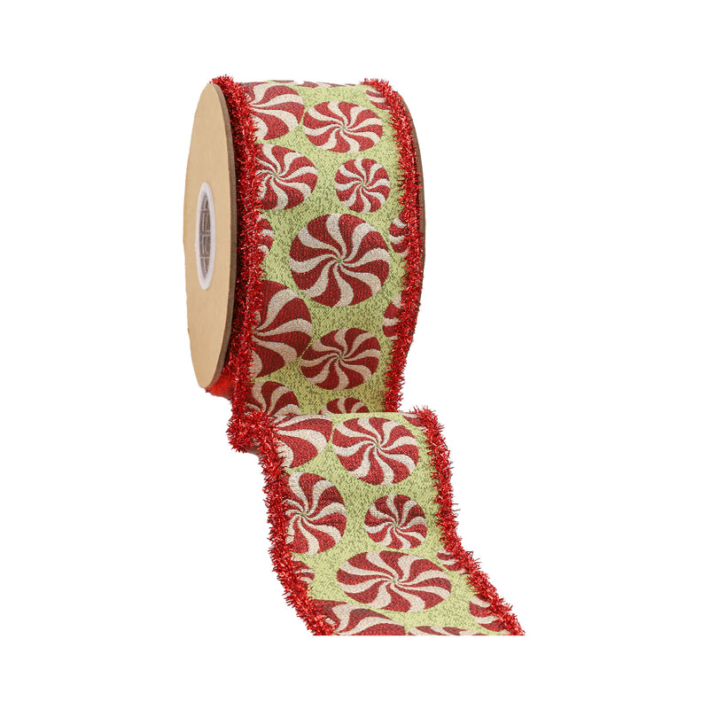 2 1/2" Wired Jacquard Ribbon | Peppermint on Apple Green w/ Tinsel Edge | 5 Yard Roll