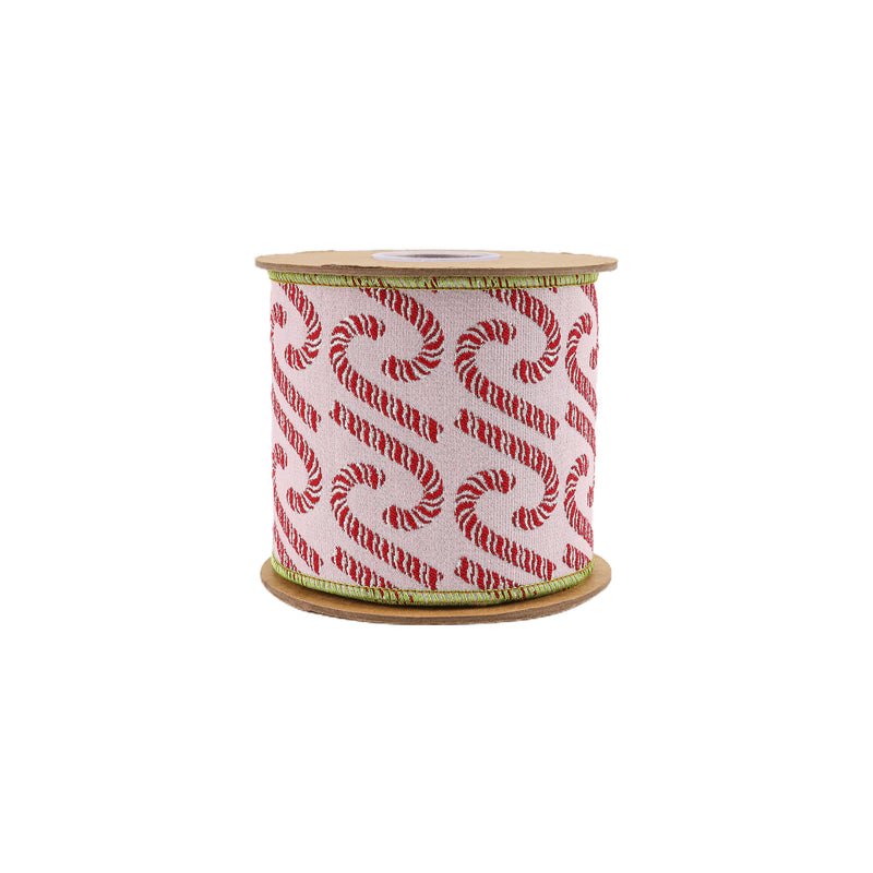 4" Wired Jacquard Ribbon | Candy Cane on Pink w/ Dupioni Backing | 5 Yard Roll