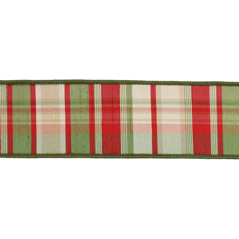 2 1/2" Wired Ribbon | Red/Green Plaid w/ Dupioni Backing | 10 Yard Roll