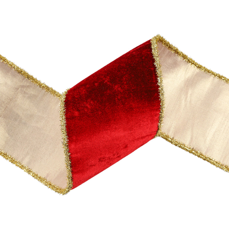 4" Wired Velvet Ribbon | Red w/ Gold Tinsel Edge & Metallic Gold Backing | 5 Yard Roll