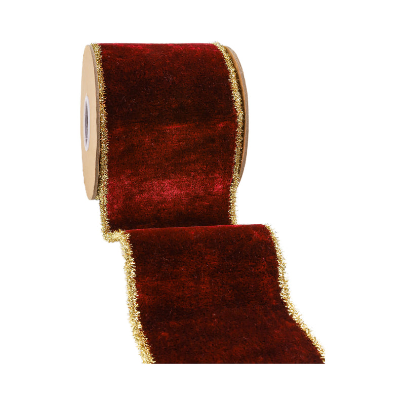 4" Wired Velvet Ribbon | Burgundy w/ Gold Tinsel Edge & Metallic Gold Backing | 5 Yard Roll