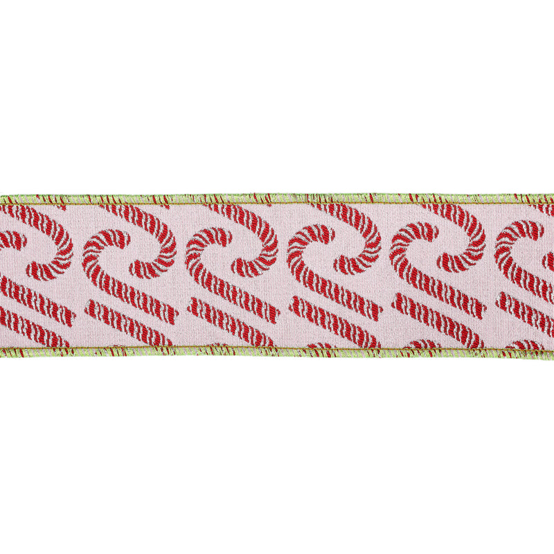 2 1/2" Wired Jacquard Ribbon | Candy Cane on Pink w/ Dupioni Back | 5 Yard Roll