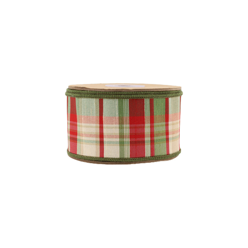 2 1/2" Wired Ribbon | Red/Green Plaid w/ Dupioni Backing | 10 Yard Roll