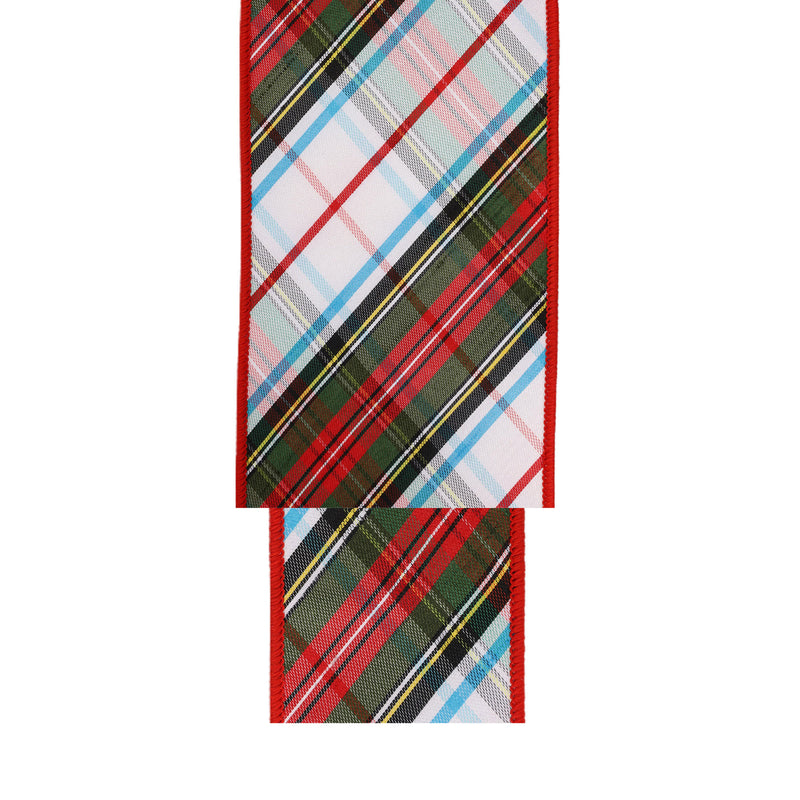 2 1/2" Wired Ribbon | Plaid Bias Cut Red/Green/Black/White/Turquoise | 10 Yard Roll