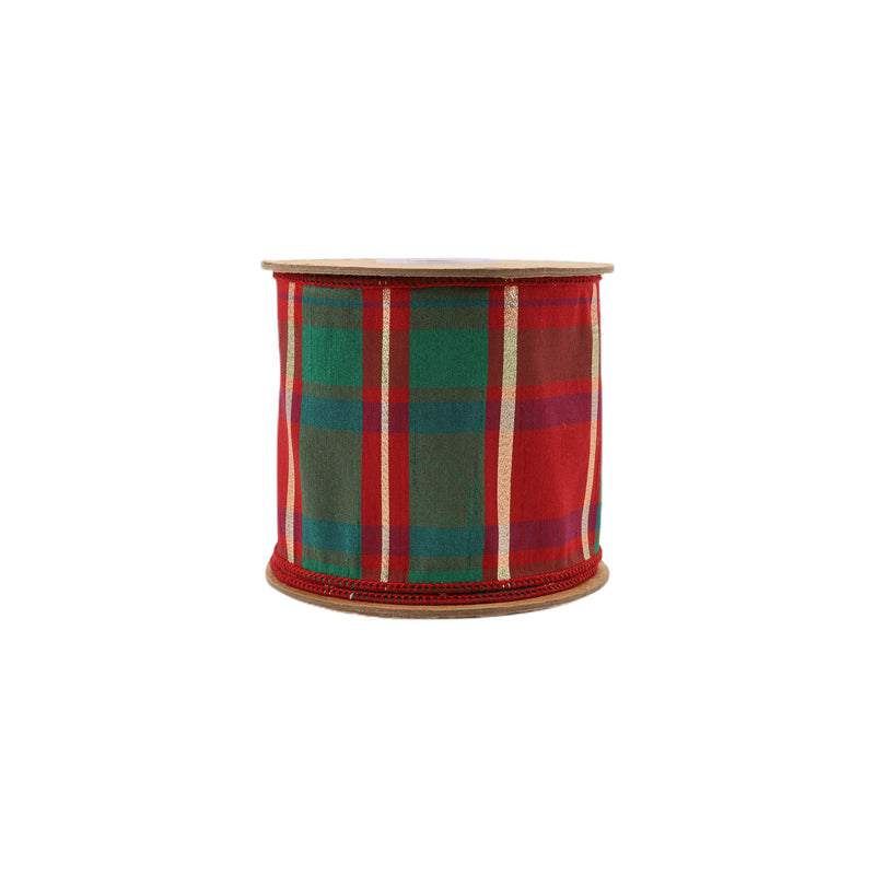 4" Wired Dupioni Ribbon | Red/Green/Gold Plaid Check | 10 Yard Roll