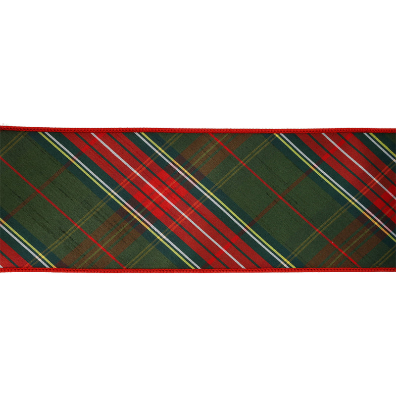 4" Wired Dupioni Ribbon | Red/Dark Green Plaid Bias Cut Double-Fused Red Backing | 5 Yard Roll