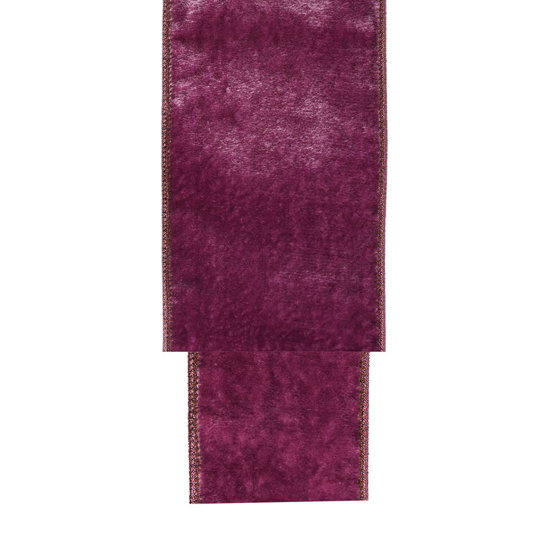 4" Wired Premium Velvet Ribbon | Purple w/  Purple Metallic Dupioni Backing | 5 Yard Roll
