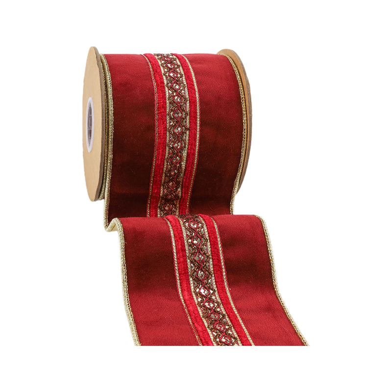 4" Wired Velvet Ribbon | Red w/ Red/Gold Trim | 5 Yard Roll