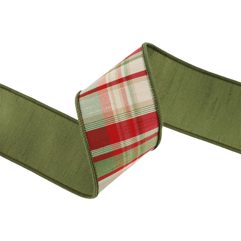 2 1/2" Wired Ribbon | Red/Green Plaid w/ Dupioni Backing | 10 Yard Roll