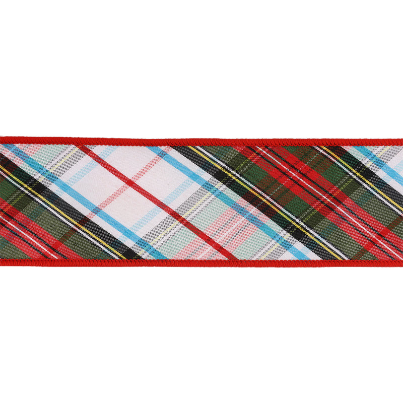 2 1/2" Wired Ribbon | Plaid Bias Cut Red/Green/Black/White/Turquoise | 10 Yard Roll