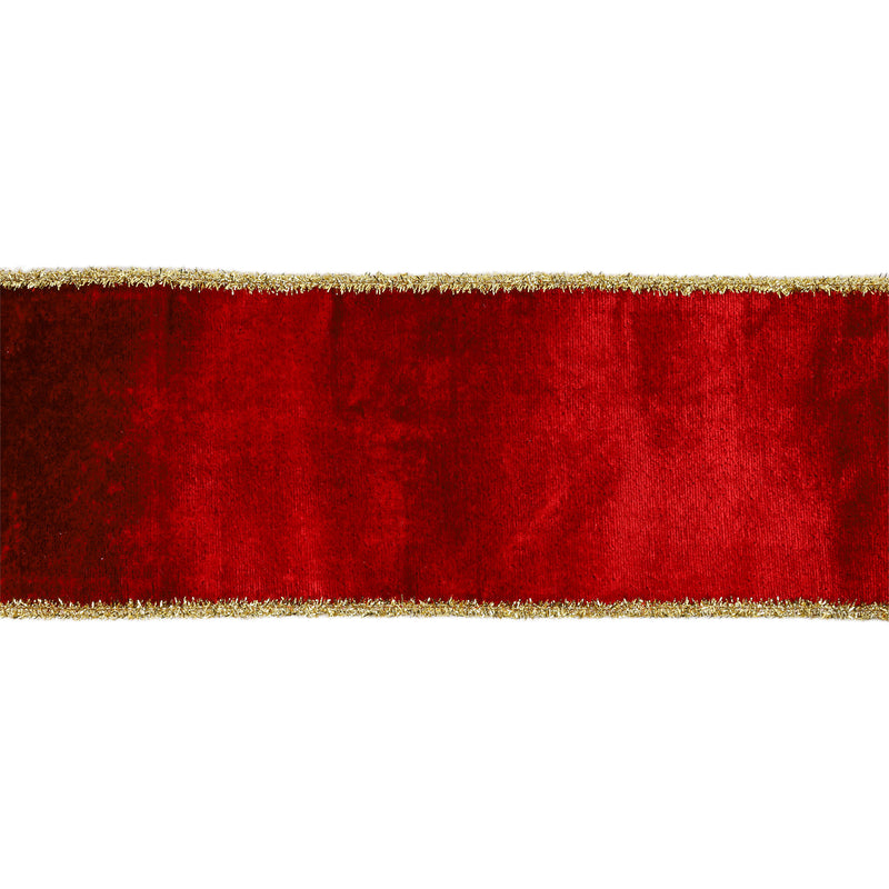 4" Wired Velvet Ribbon | Red w/ Gold Tinsel Edge & Metallic Gold Backing | 5 Yard Roll