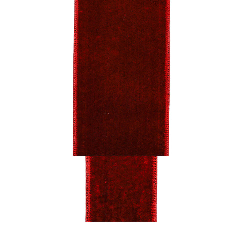 4" Wired Premium Velvet Ribbon | Red w/ Red Metallic Dupioni Backing | 5 Yard Roll