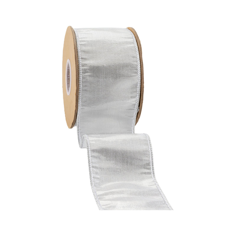 2 1/2" Wired Metallic Dupioni Ribbon | Bright Silver | 10 Yard Roll