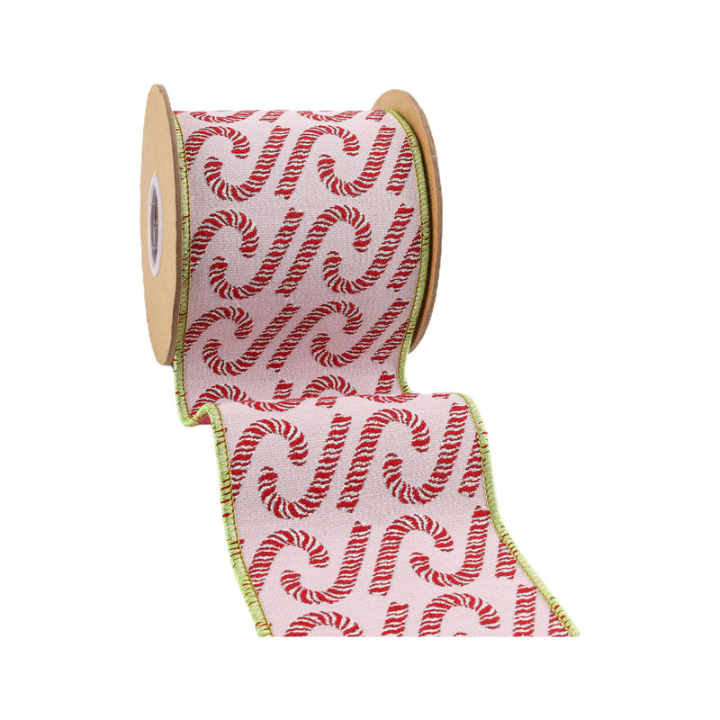 4" Wired Jacquard Ribbon | Candy Cane on Pink w/ Dupioni Backing | 5 Yard Roll