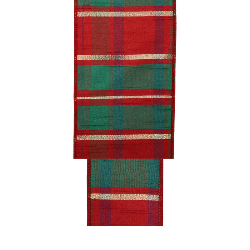 4" Wired Dupioni Ribbon | Red/Green/Gold Plaid Check | 10 Yard Roll