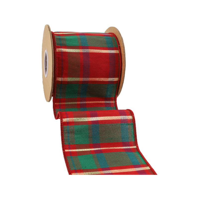 4" Wired Dupioni Ribbon | Red/Green/Gold Plaid Check | 10 Yard Roll