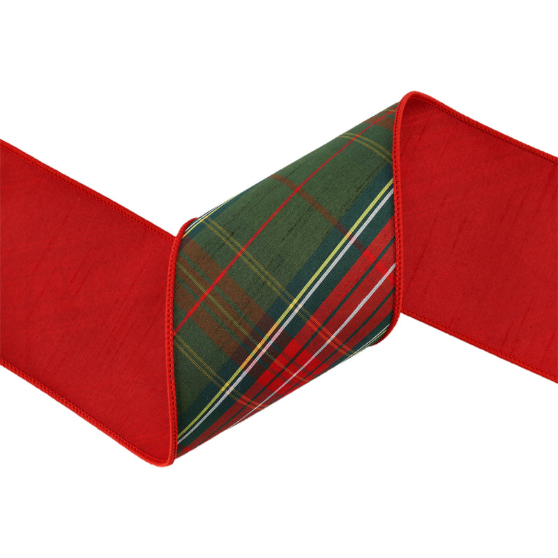 4" Wired Dupioni Ribbon | Red/Dark Green Plaid Bias Cut Double-Fused Red Backing | 5 Yard Roll