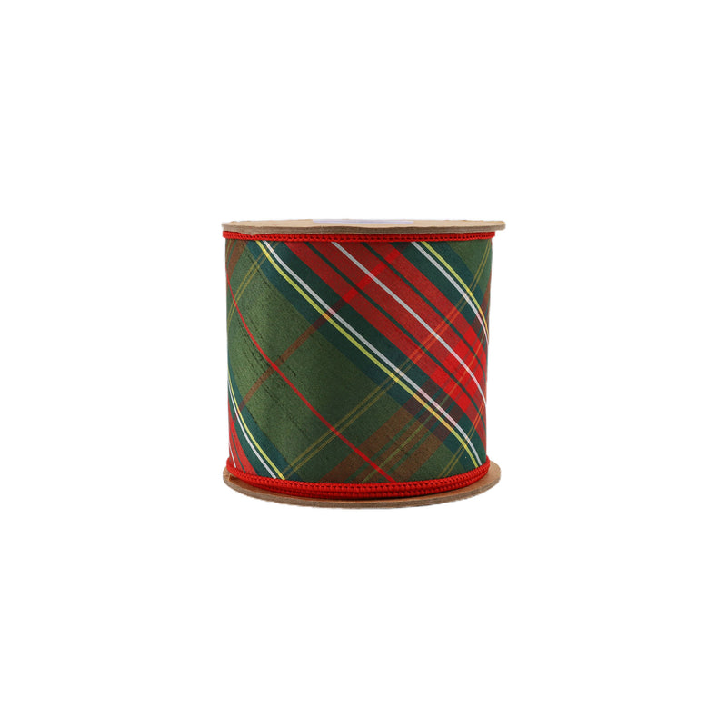 4" Wired Dupioni Ribbon | Red/Dark Green Plaid Bias Cut Double-Fused Red Backing | 5 Yard Roll