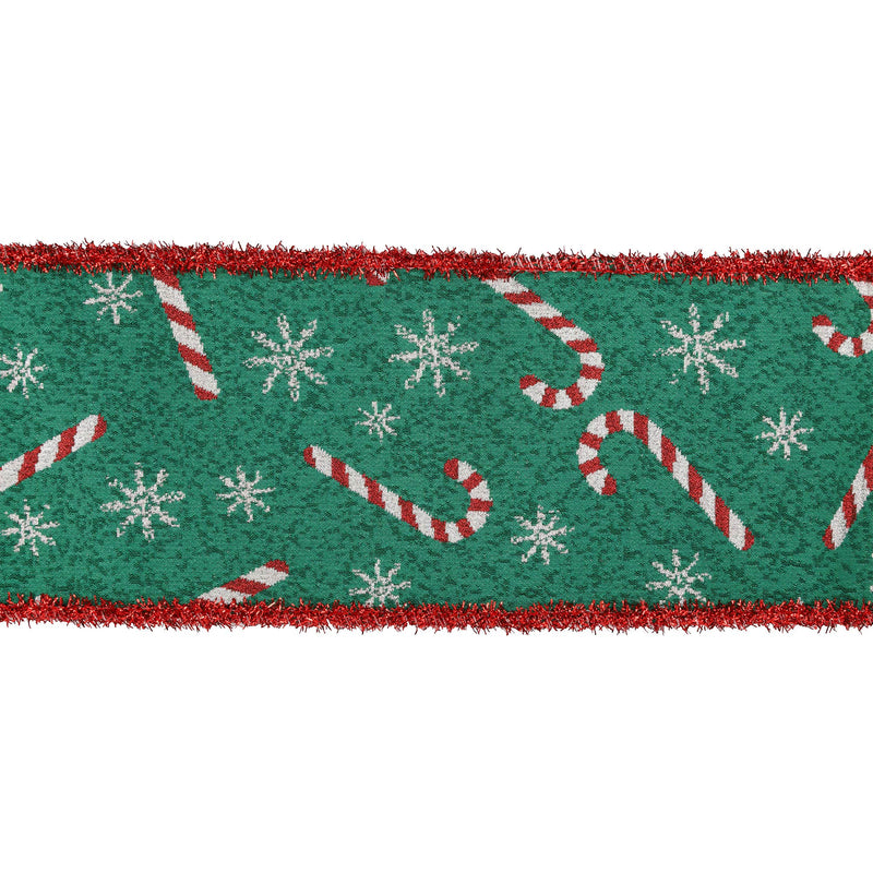4" Wired Jacquard Ribbon | Candy Cane on Green w/ Red Tinsel Edge | 5 Yard Roll