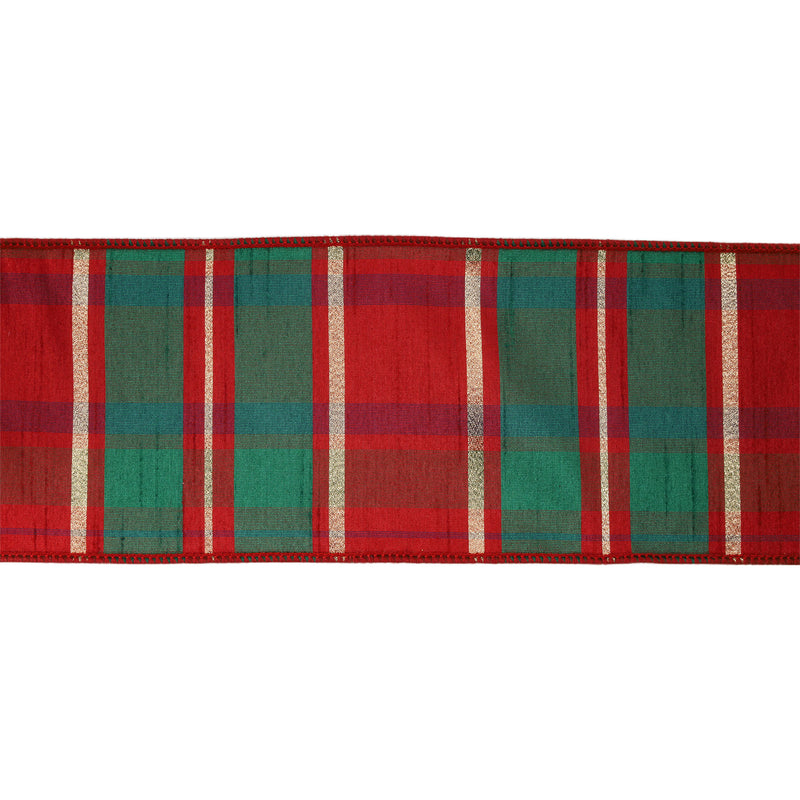 4" Wired Dupioni Ribbon | Red/Green/Gold Plaid Check | 10 Yard Roll