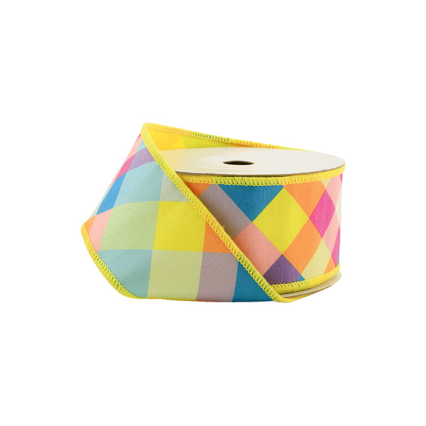 2 1/2" Wired Dupioni Ribbon | Bias Plaid Yellow/Multi w/ Taffeta Fused Back | 10 Yard Roll