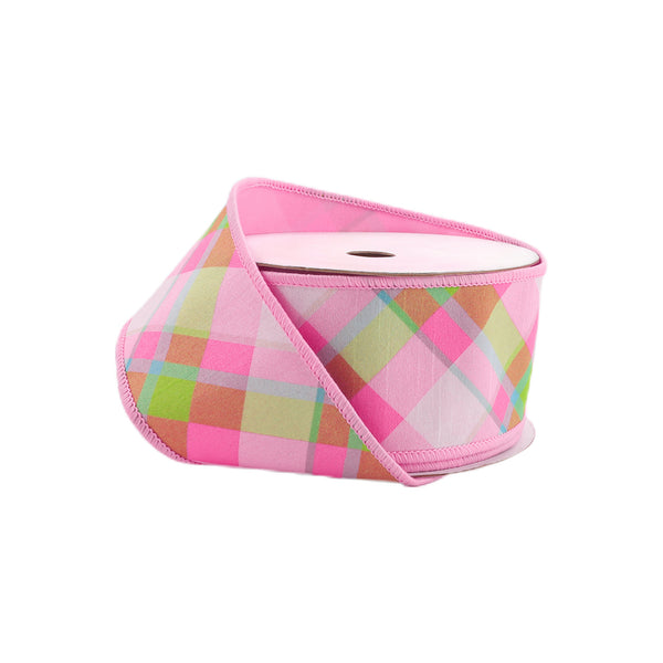 4" Wired Dupioni Ribbon | Bias Plaid Pink/White w/ Taffeta Fused Back | 10 Yard Roll