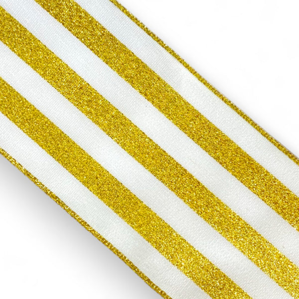 2 1/2" Wired Ribbon | White w Metallic Gold Stripe | 10 Yard Roll