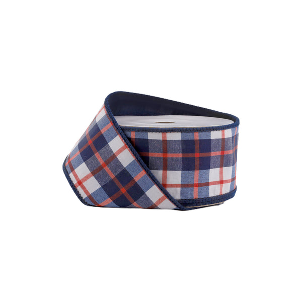 2 1/2" Wired Dupioni Ribbon | Red/White/Blue Plaid | 10 Yard Roll