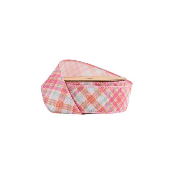 1 1/2" Wired Ribbon | Pink Bias Plaid | 10 Yard Roll