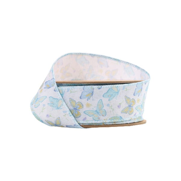 1 1/2" Wired Ribbon | White/Blue Butterflies | 10 Yard Roll