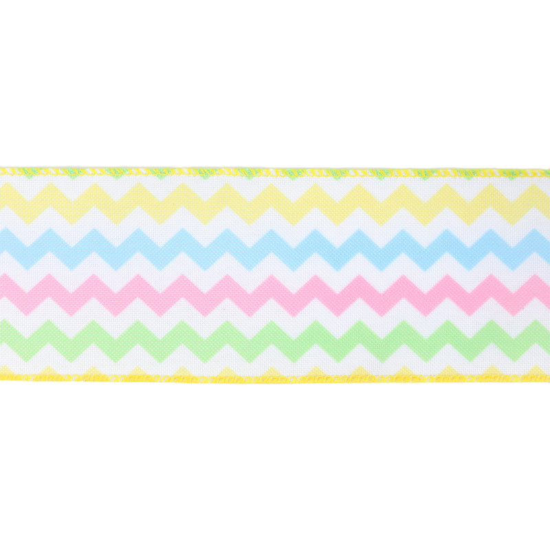 2 1/2" Wired Ribbon | White w/ Bright Ric Rac Green/Pink/Blue/Yellow | 10 Yard Roll