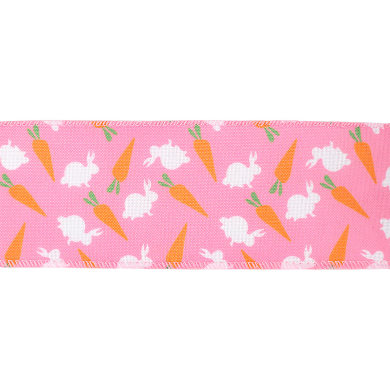 2 1/2" Wired Ribbon | Bright Pink w/ Bunny and Carrots | 10 Yard Roll